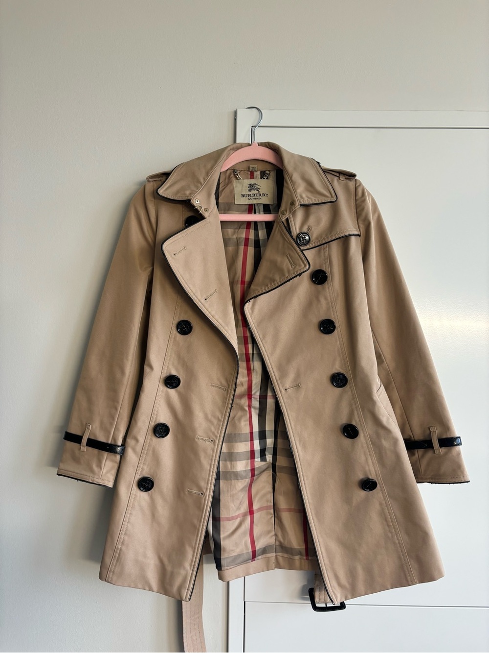 Burberry Trench Coat Short with Check Lining and Leather Details